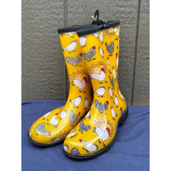 Sloggers Women's Yellow Chicken Hen Print Waterproof Rain Garden Boots Size 7 - Picture 1 of 8